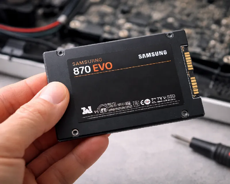 Close-up of a Samsung solid state drive held in front of an open computer