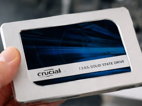 Close-up of a Crucial solid state drive used for computer upgrades